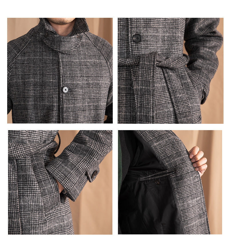 Checkered Wool Blend Belted Raglan Coat