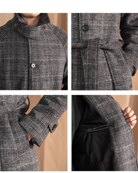 Checkered Wool Blend Belted Raglan Coat