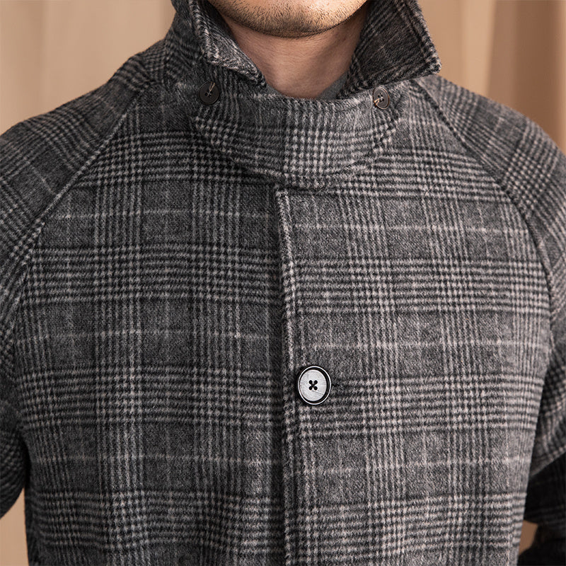 Checkered Wool Blend Belted Raglan Coat