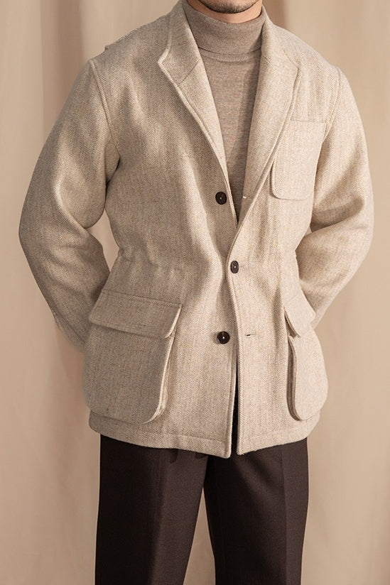 Wool Tweed Herringbone Safari Jacket