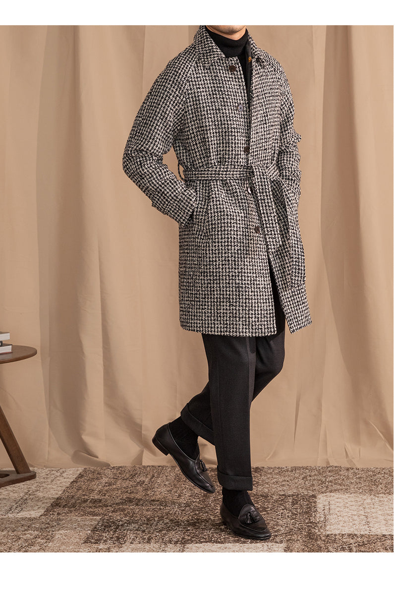 Balmacaan Wool Blend Houndstooth Belted Coat