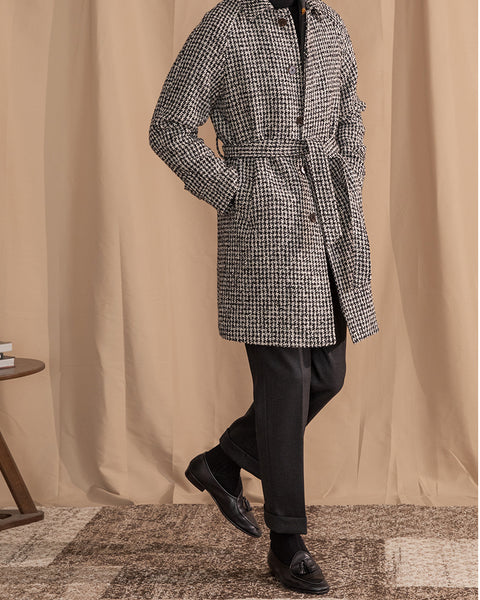 Balmacaan Wool Blend Houndstooth Belted Coat