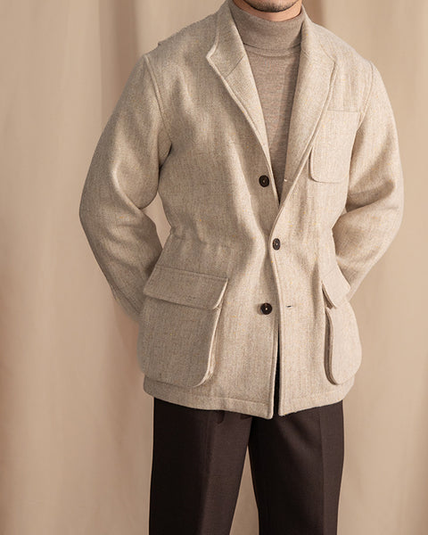 Wool Tweed Herringbone Safari Jacket