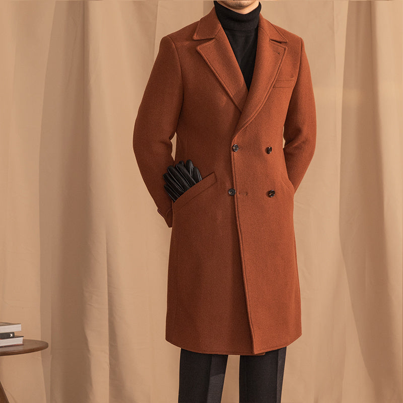 Caramel Double Breasted Wool Blend Overcoat