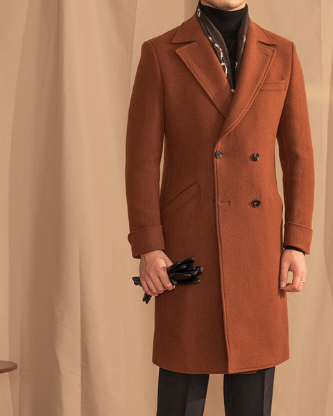 Caramel Double Breasted Wool Blend Overcoat