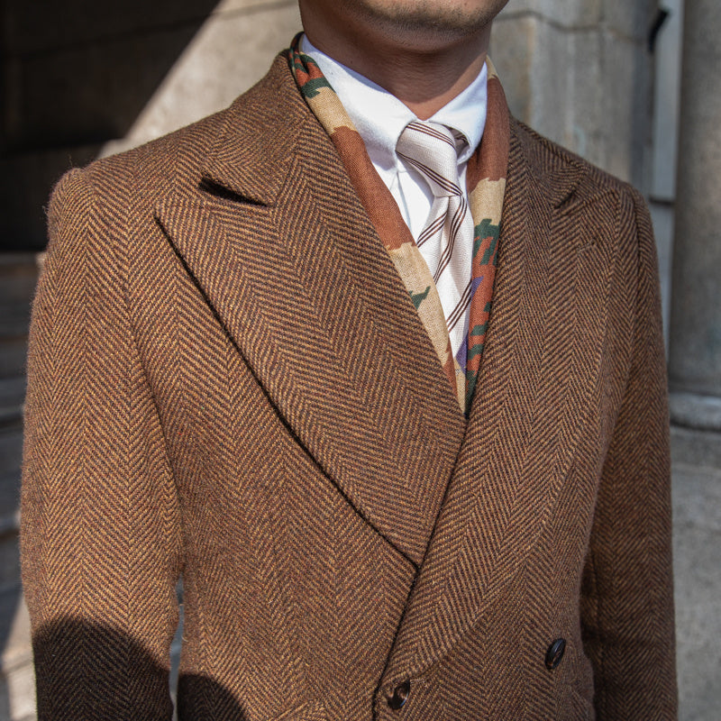 Brown Herringbone Woolen Mantel Coat