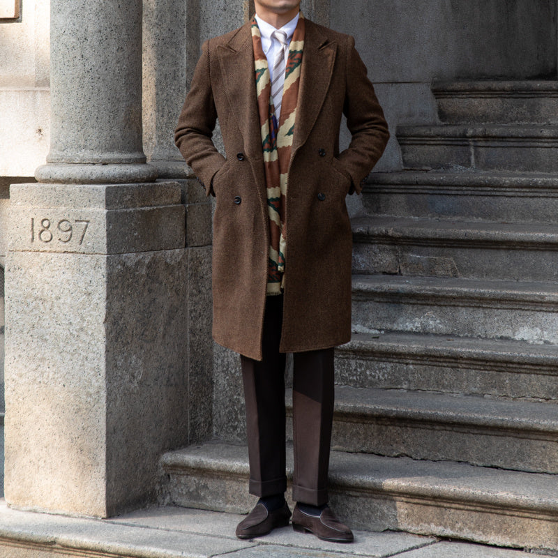 Brown Herringbone Woolen Mantel Coat