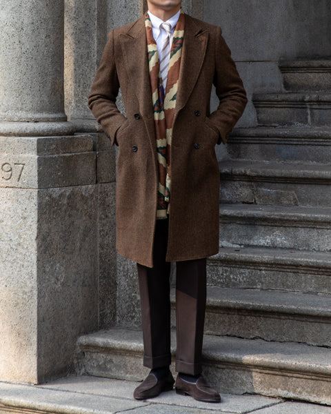 Brown Herringbone Woolen Mantel Coat