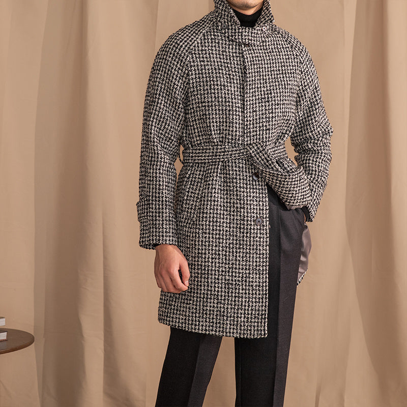 Balmacaan Wool Blend Houndstooth Belted Coat