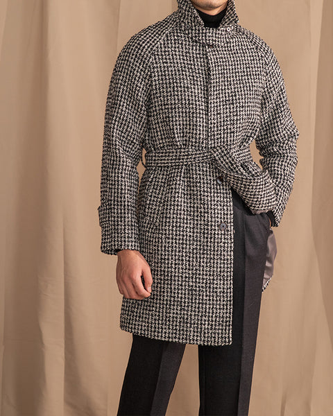 Balmacaan Wool Blend Houndstooth Belted Coat