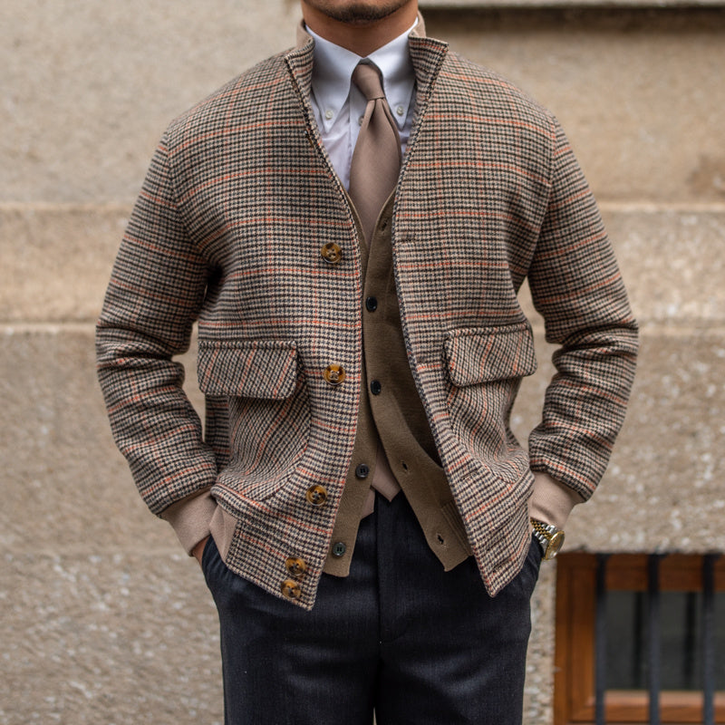 Brown Prince Of Wales Tweed Bomber Jacket