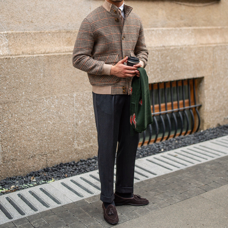 Brown Prince Of Wales Tweed Bomber Jacket