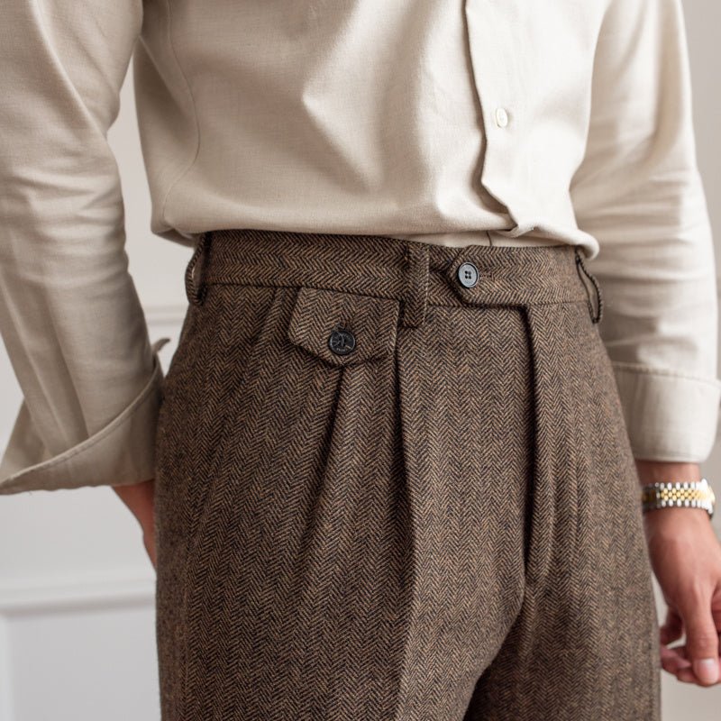 Herringbone Woolblend Pleated Trousers