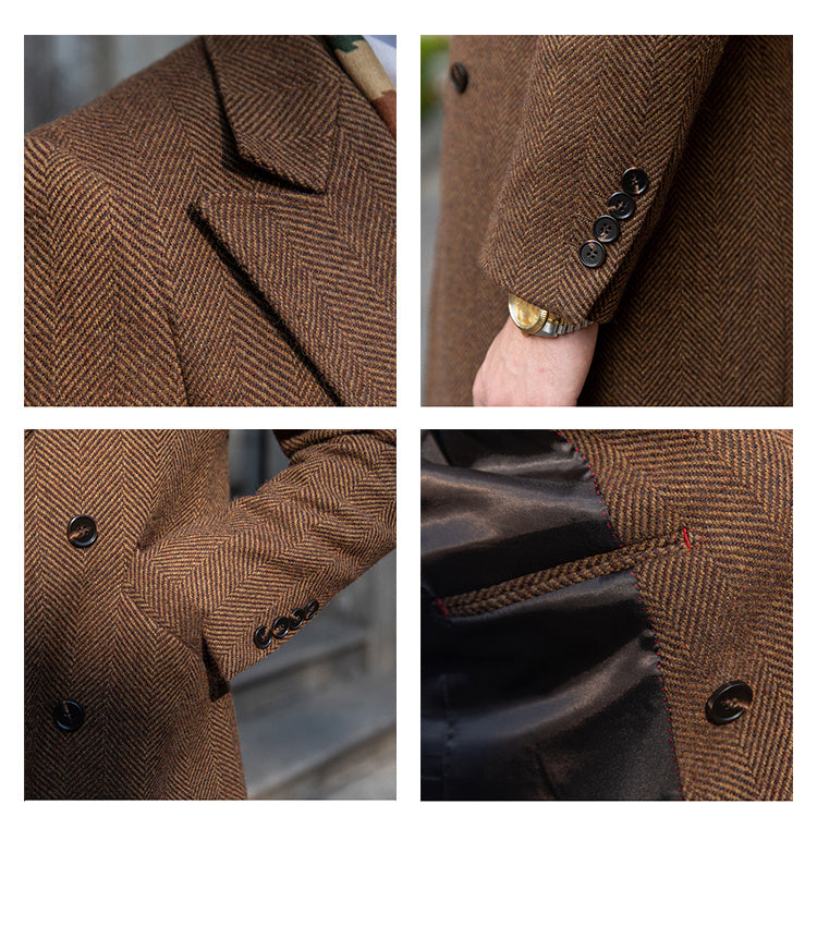 Brown Herringbone Woolen Mantel Coat