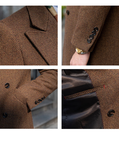 Brown Herringbone Woolen Mantel Coat