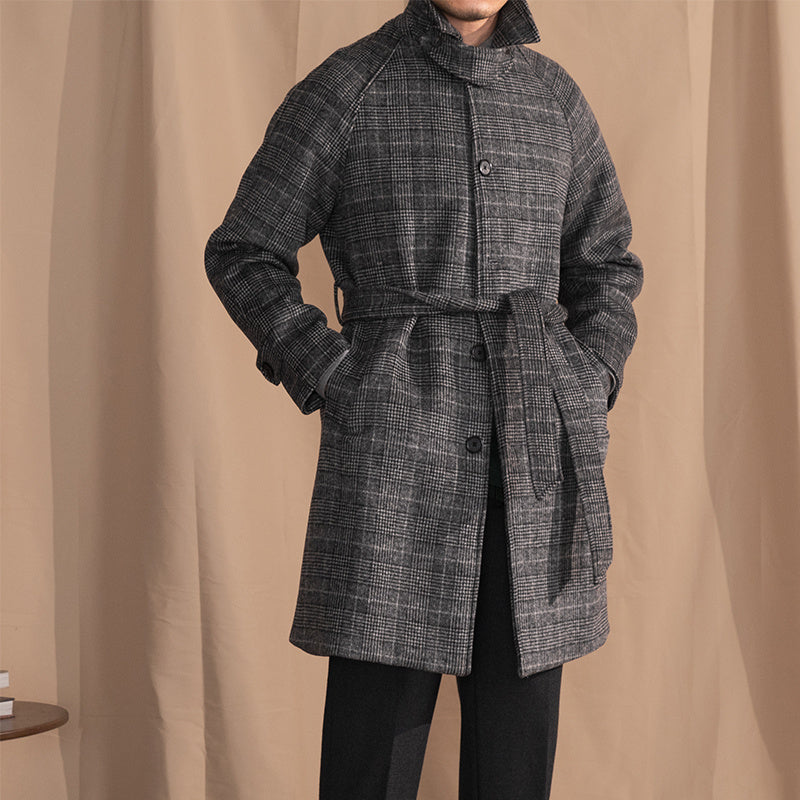 Checkered Wool Blend Belted Raglan Coat