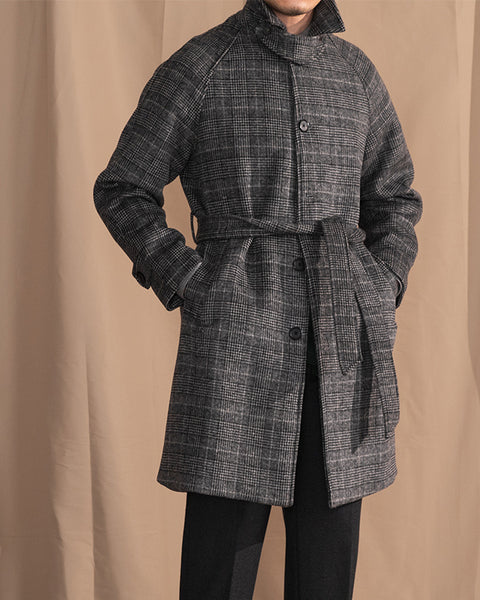 Checkered Wool Blend Belted Raglan Coat