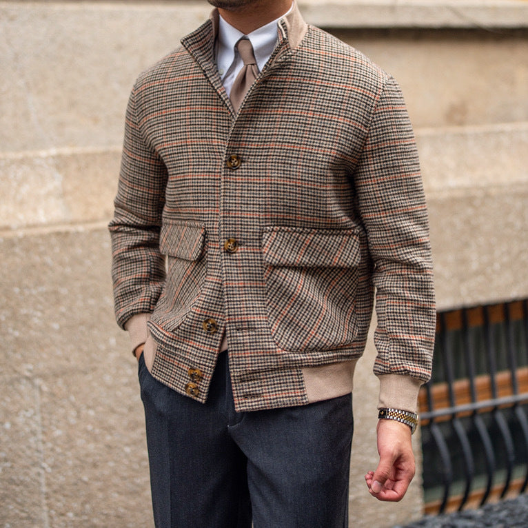 Brown Prince Of Wales Tweed Bomber Jacket