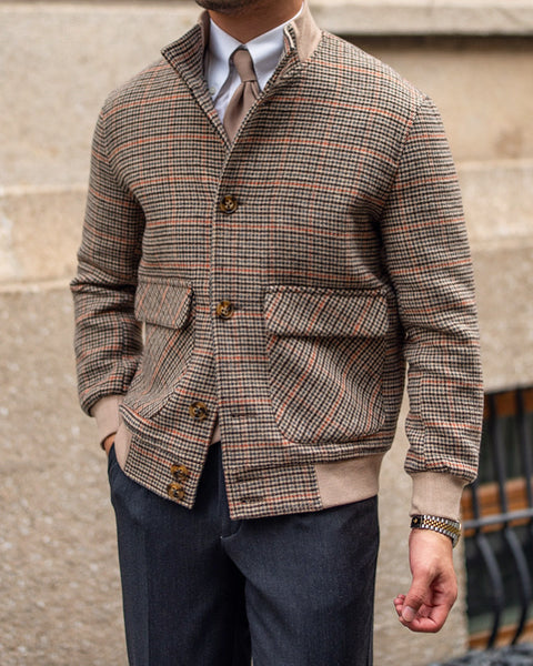 Brown Prince Of Wales Tweed Bomber Jacket