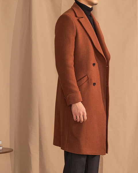 Caramel Double Breasted Wool Blend Overcoat