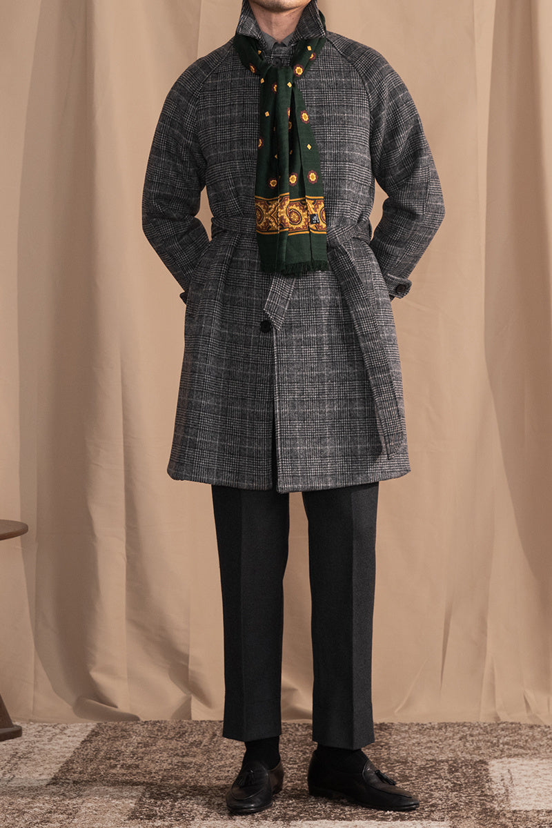 Checkered Wool Blend Belted Raglan Coat