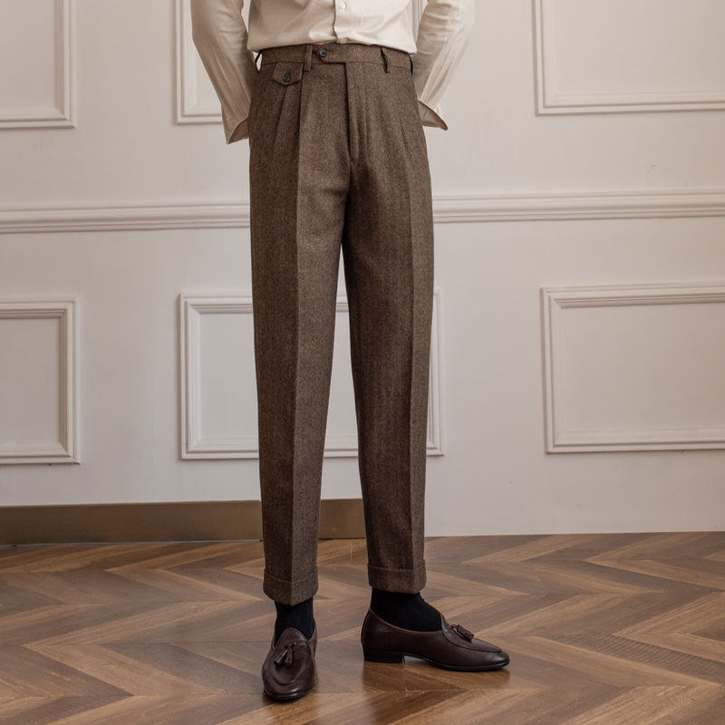 Herringbone Woolblend Pleated Trousers