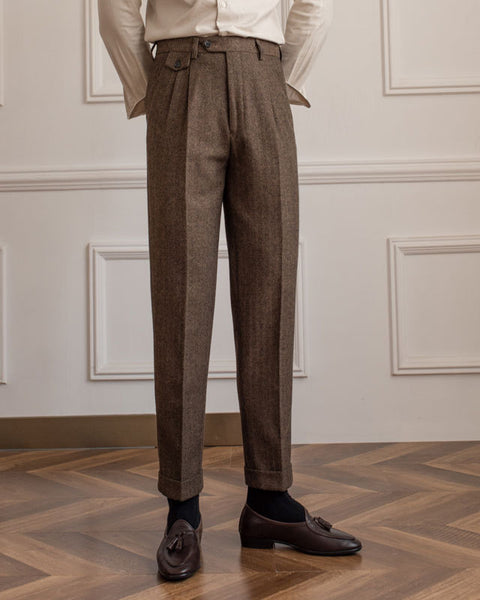 Herringbone Woolblend Pleated Trousers