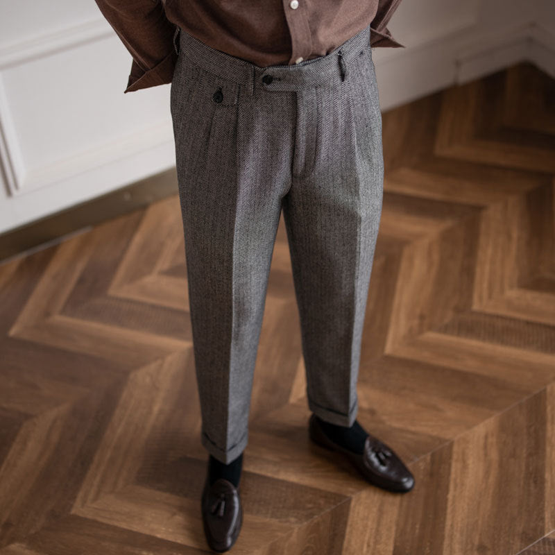 Herringbone Woolblend Pleated Trousers