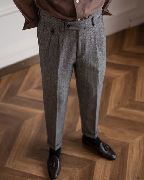 Herringbone Woolblend Pleated Trousers