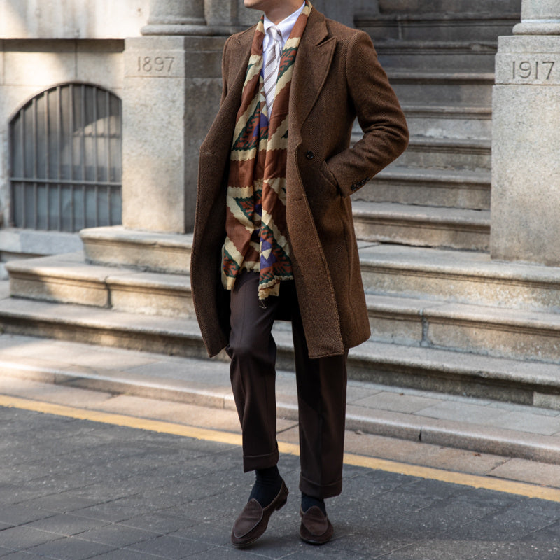 Brown Herringbone Woolen Mantel Coat