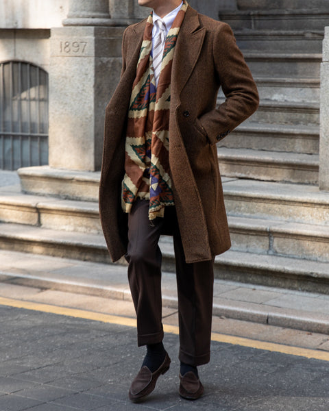 Brown Herringbone Woolen Mantel Coat