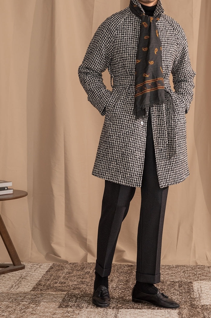 Balmacaan Wool Blend Houndstooth Belted Coat