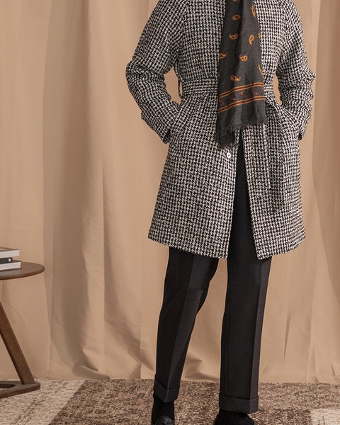 Balmacaan Wool Blend Houndstooth Belted Coat