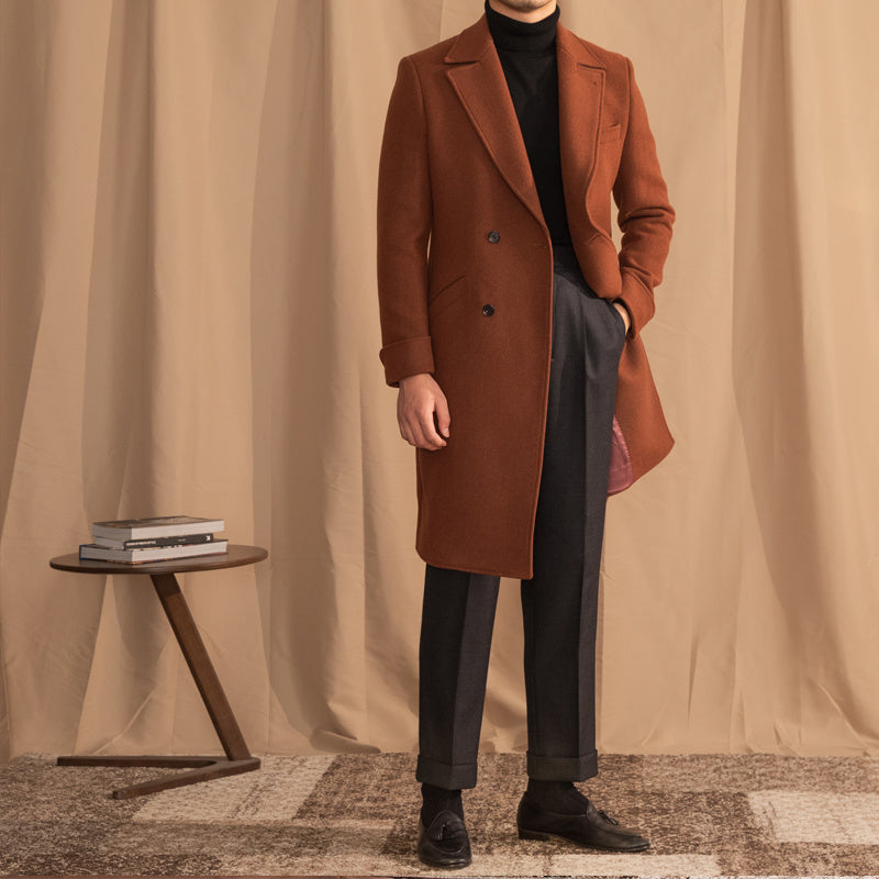 Caramel Double Breasted Wool Blend Overcoat