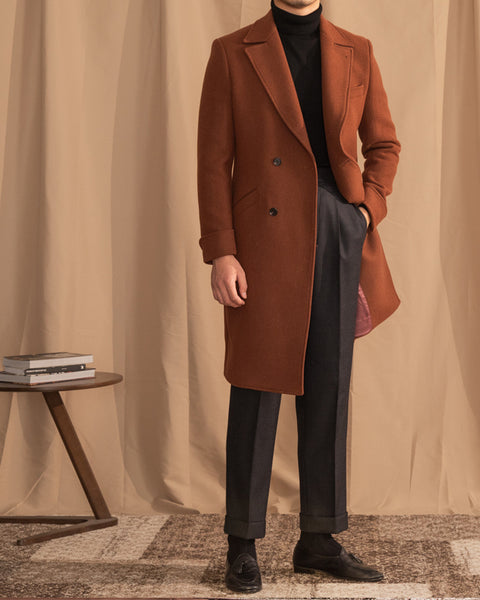 Caramel Double Breasted Wool Blend Overcoat