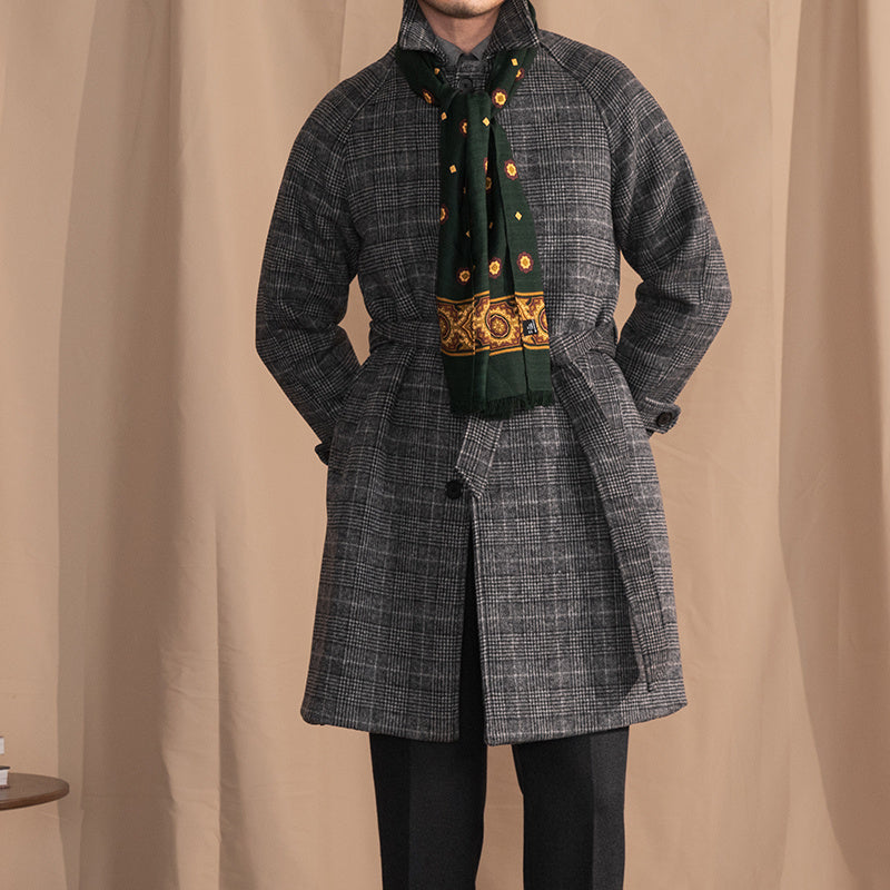 Checkered Wool Blend Belted Raglan Coat