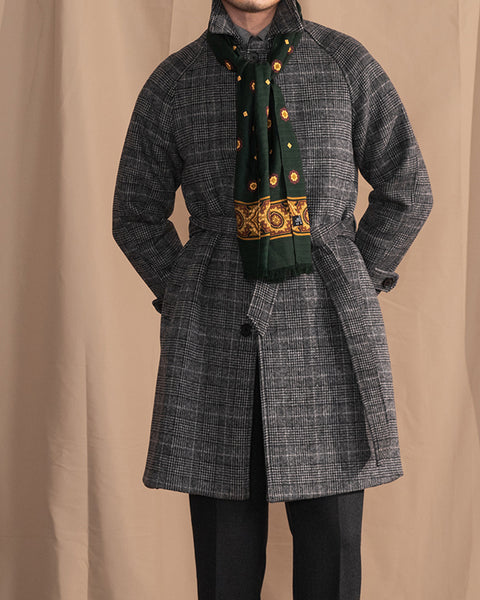 Checkered Wool Blend Belted Raglan Coat