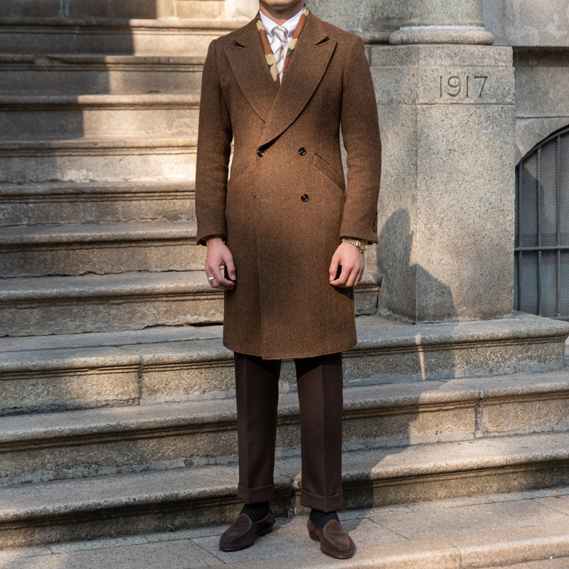 Brown Herringbone Woolen Mantel Coat