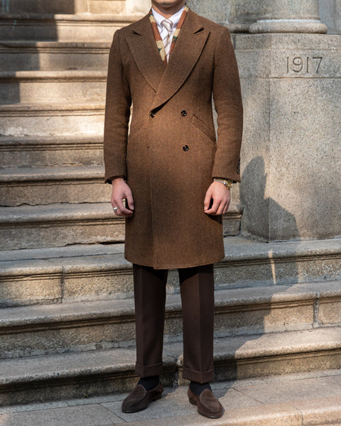 Brown Herringbone Woolen Mantel Coat