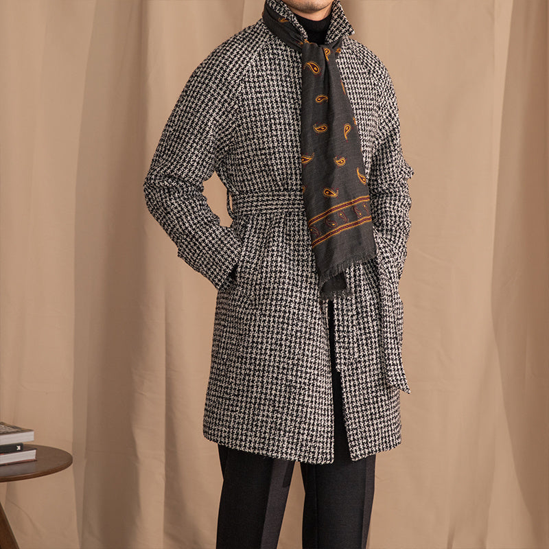 Balmacaan Wool Blend Houndstooth Belted Coat