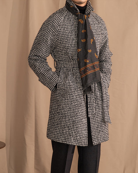 Balmacaan Wool Blend Houndstooth Belted Coat