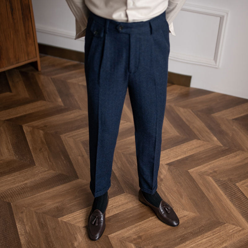 Herringbone Woolblend Pleated Trousers