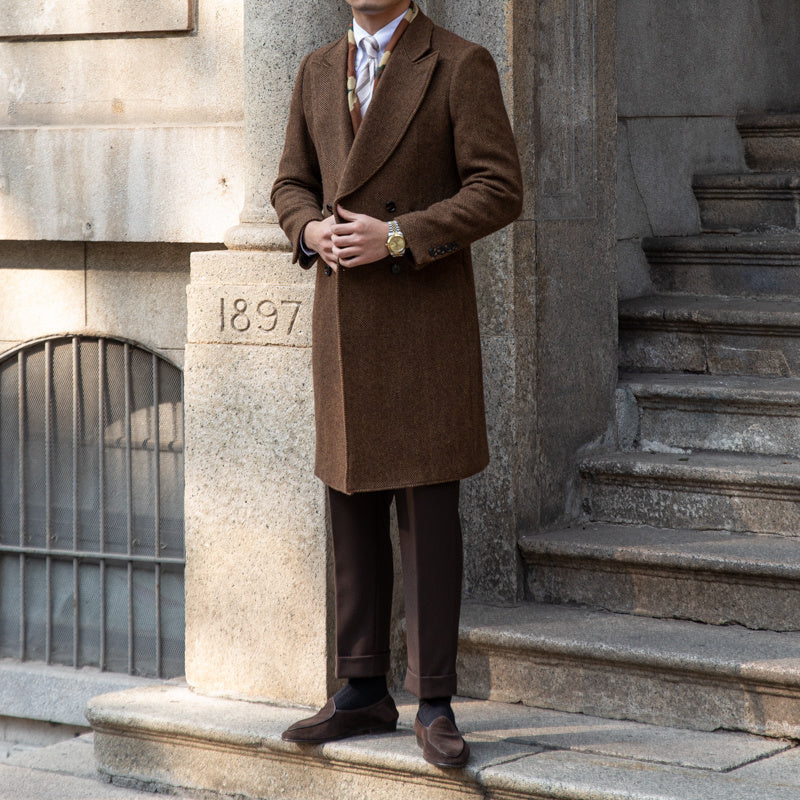 Brown Herringbone Woolen Mantel Coat