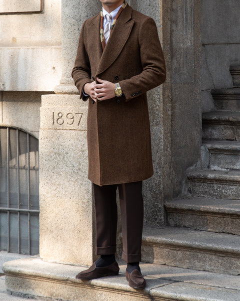 Brown Herringbone Woolen Mantel Coat