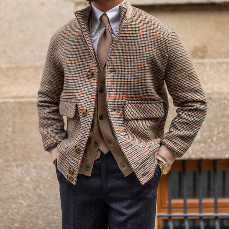 Brown Prince Of Wales Tweed Bomber Jacket